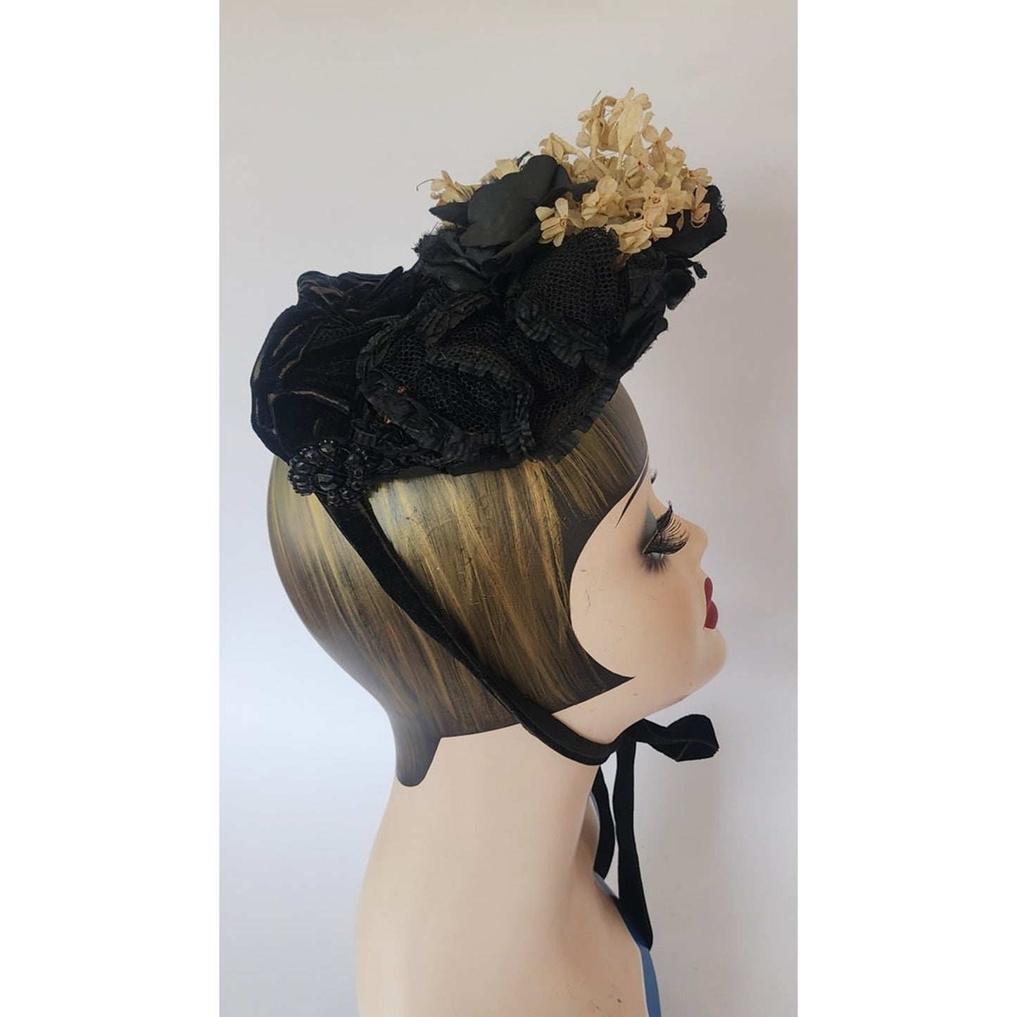 Antique Victorian Hat Black Satin w/Cream Silk Flowers 1800s 19th Century