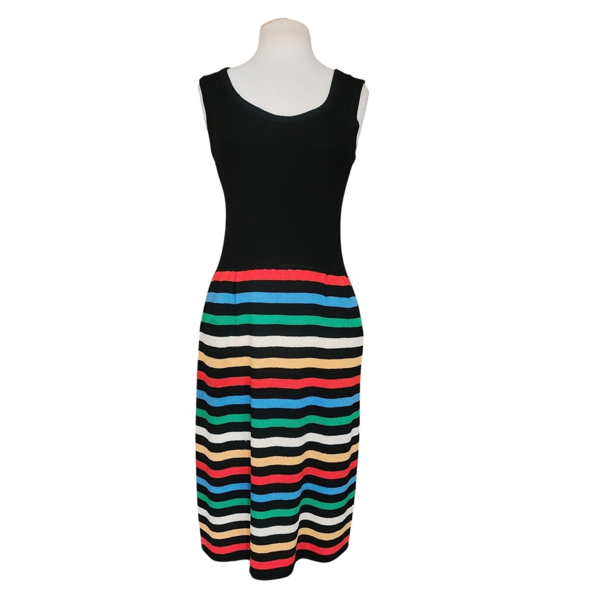 Vintage 1970s St John Dress Knit Rainbow Stripe Black Midi + Bolero Jacket