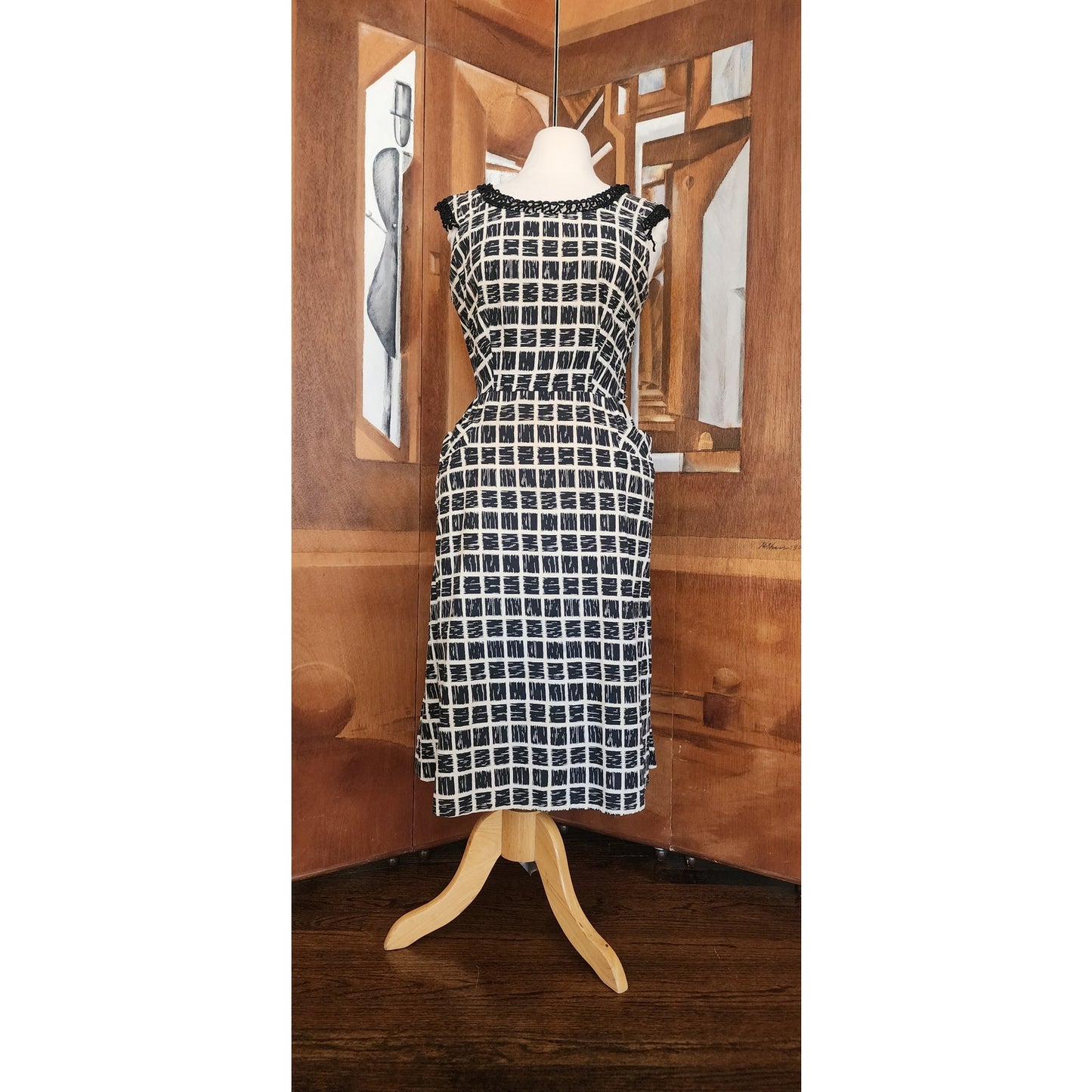 Vintage 50s Cotton Print Dress Black White Check Belted / M to L