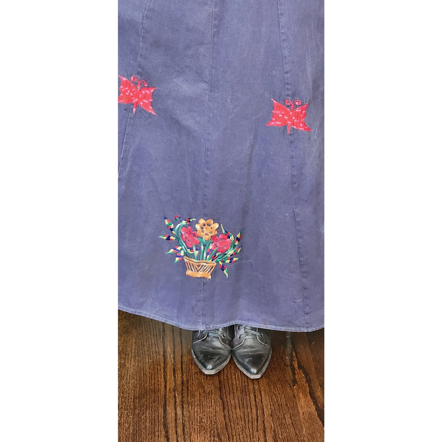 Vintage 70s Dark Denim Long Skirt Red Butterfly Embroidery India S. Kumar