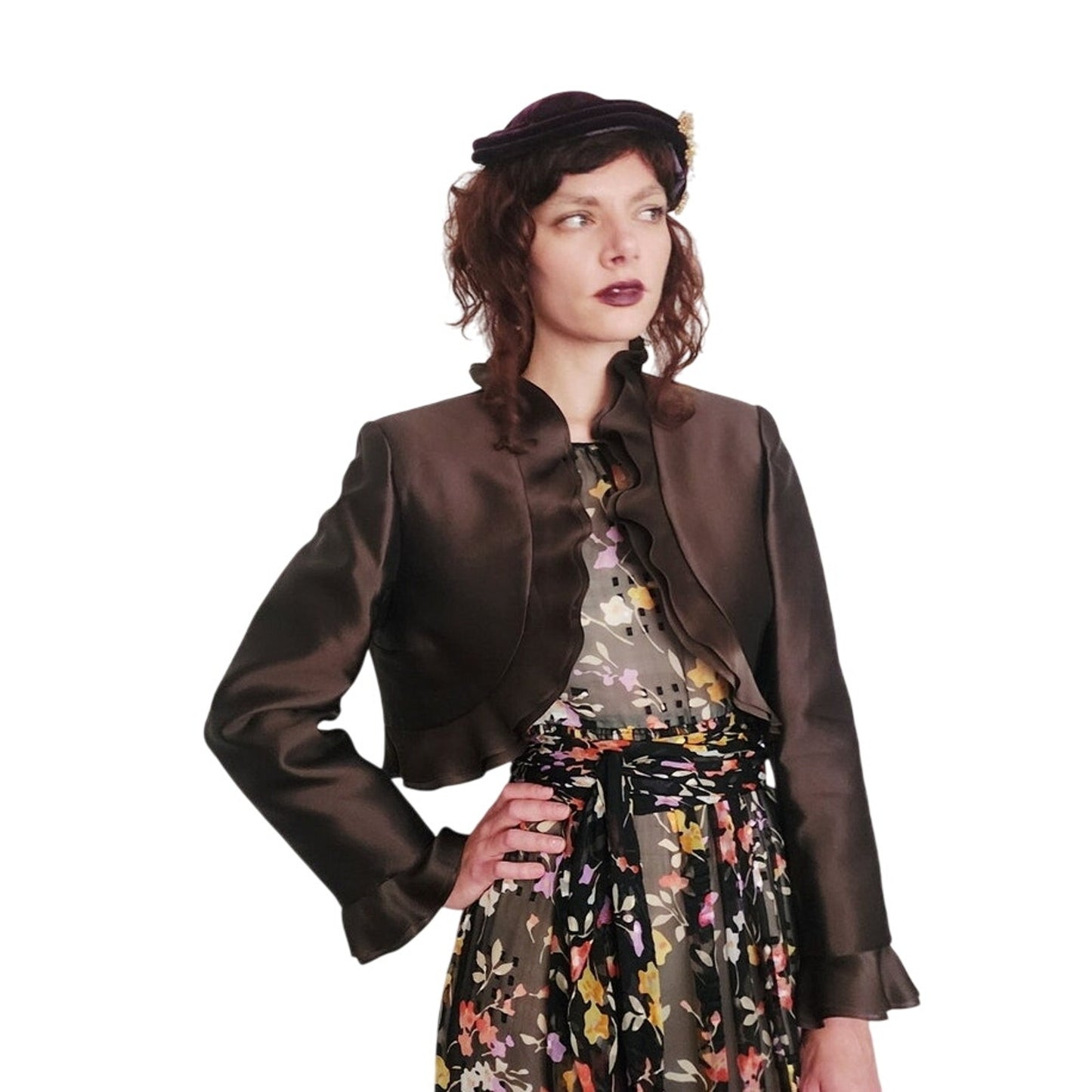Vintage Brown Jacket Ruffled Trim Wool Silk Evening Dressy Blazer Frascara M