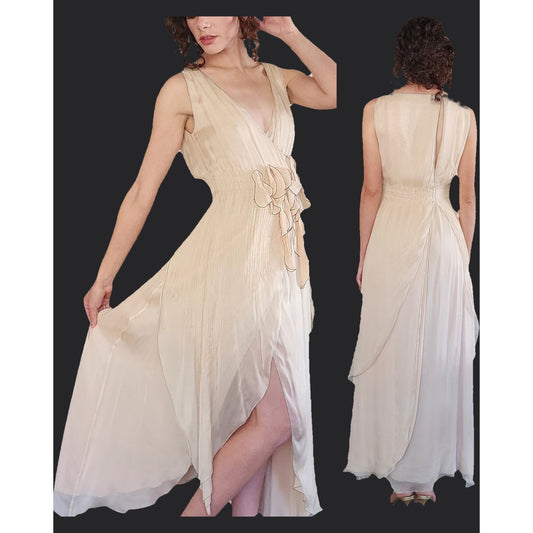 Vintage 2000s Fendi Dress Silk Chiffon Wrap Evening Gown Cream NWT Bergdorf Goodman