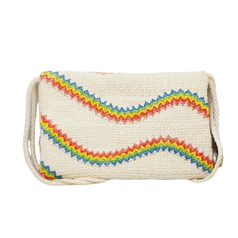 Vintage 70s Straw Shoulder Bag Rainbow Waves