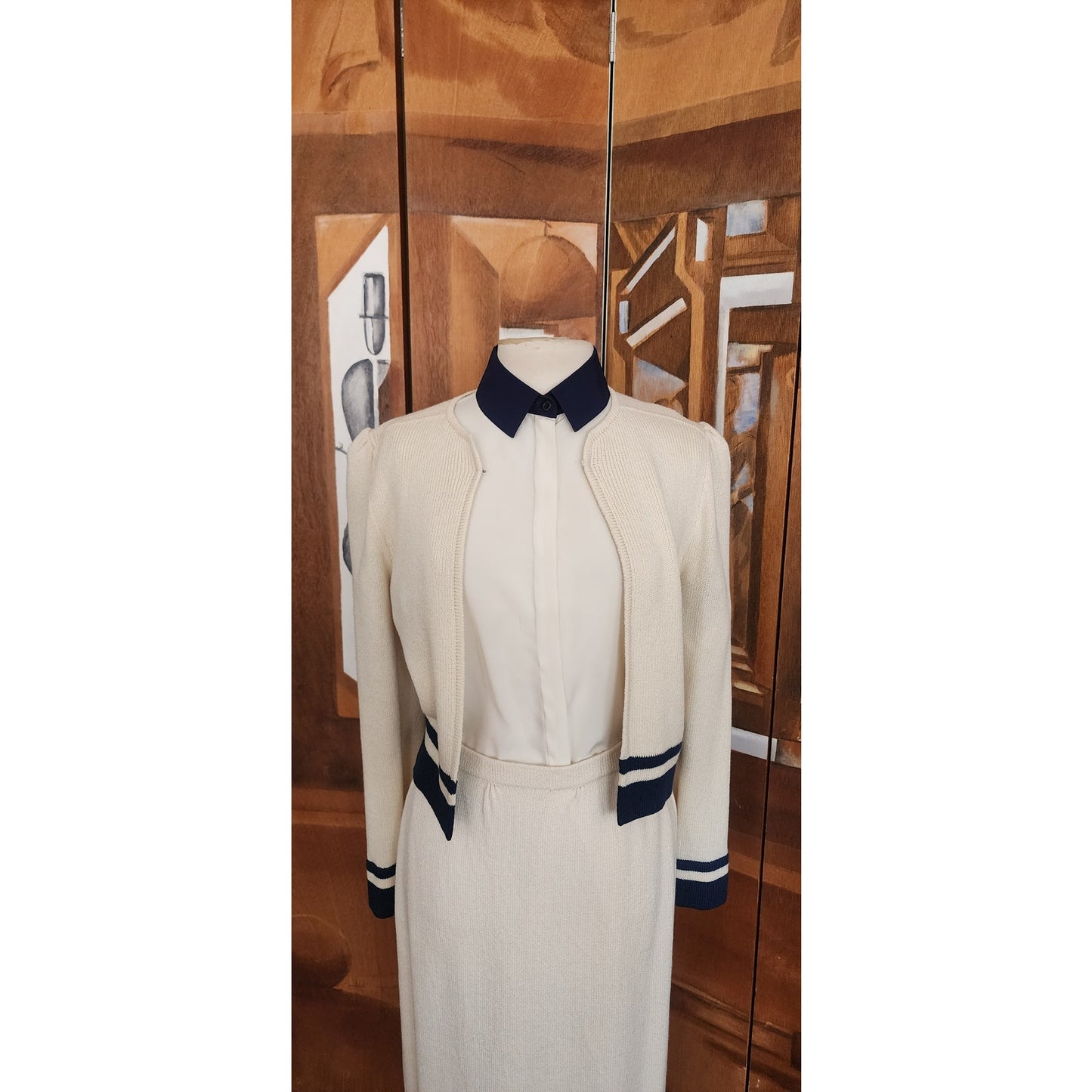 Vintage 70s St John Knit Skirt Suit + Blouse Three Piece Set Cream Navy Blue
