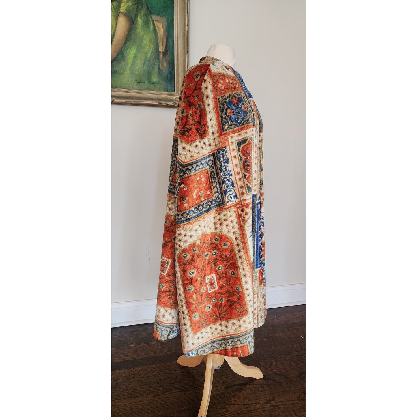 Vintage 1960s Velvet Cape Printed Tapestry Cloak Patchwork Carpet Design