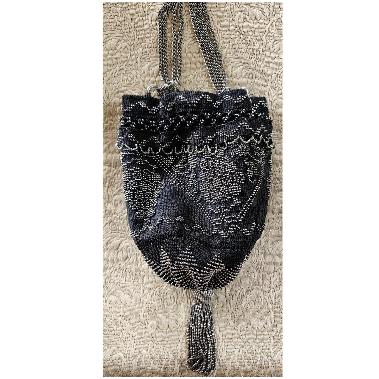 Vintage 20s Evening Bag Black Crochet w/Silver Beading