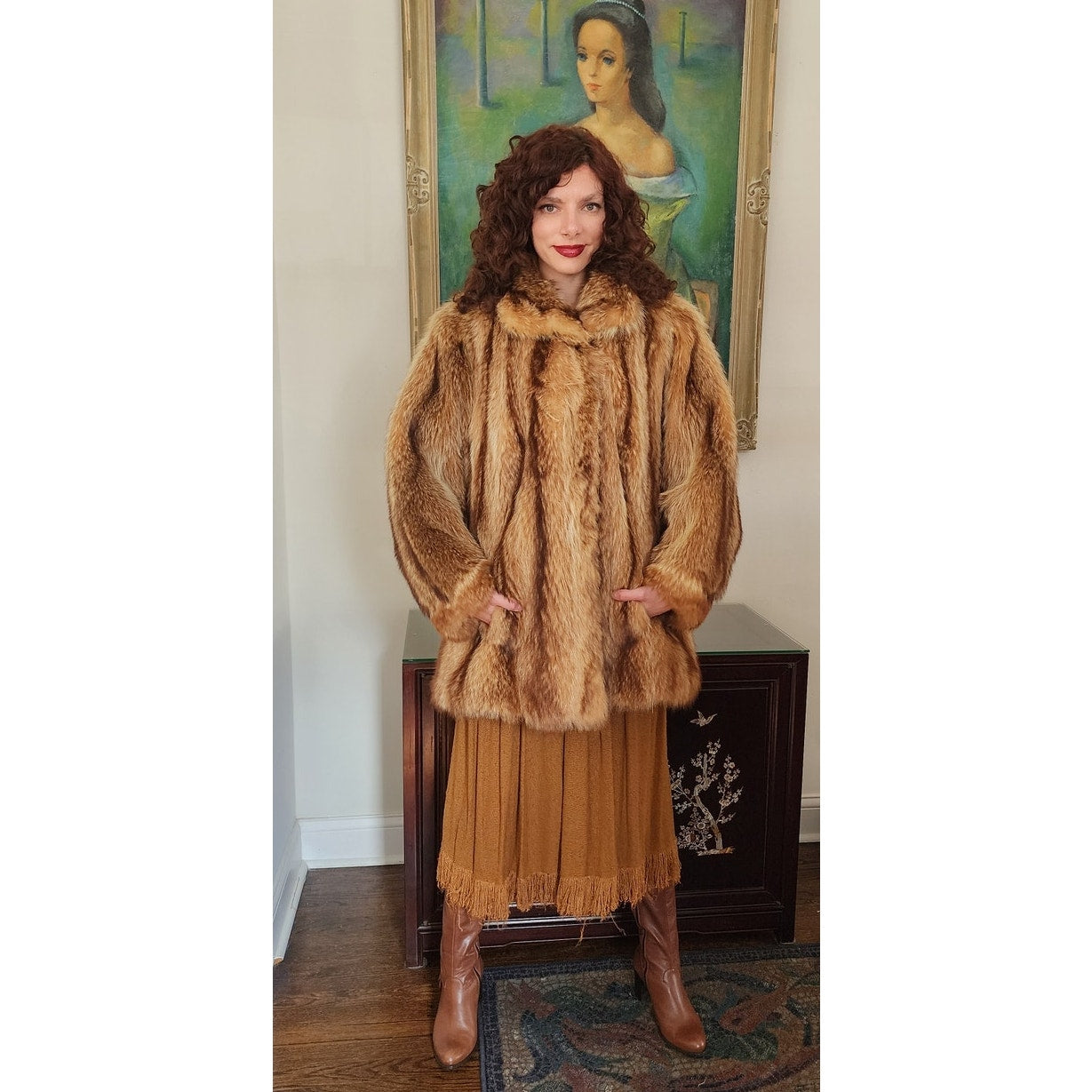 Vintage 1970s Fox Fur Jacket Hip Length Striped Boho / L