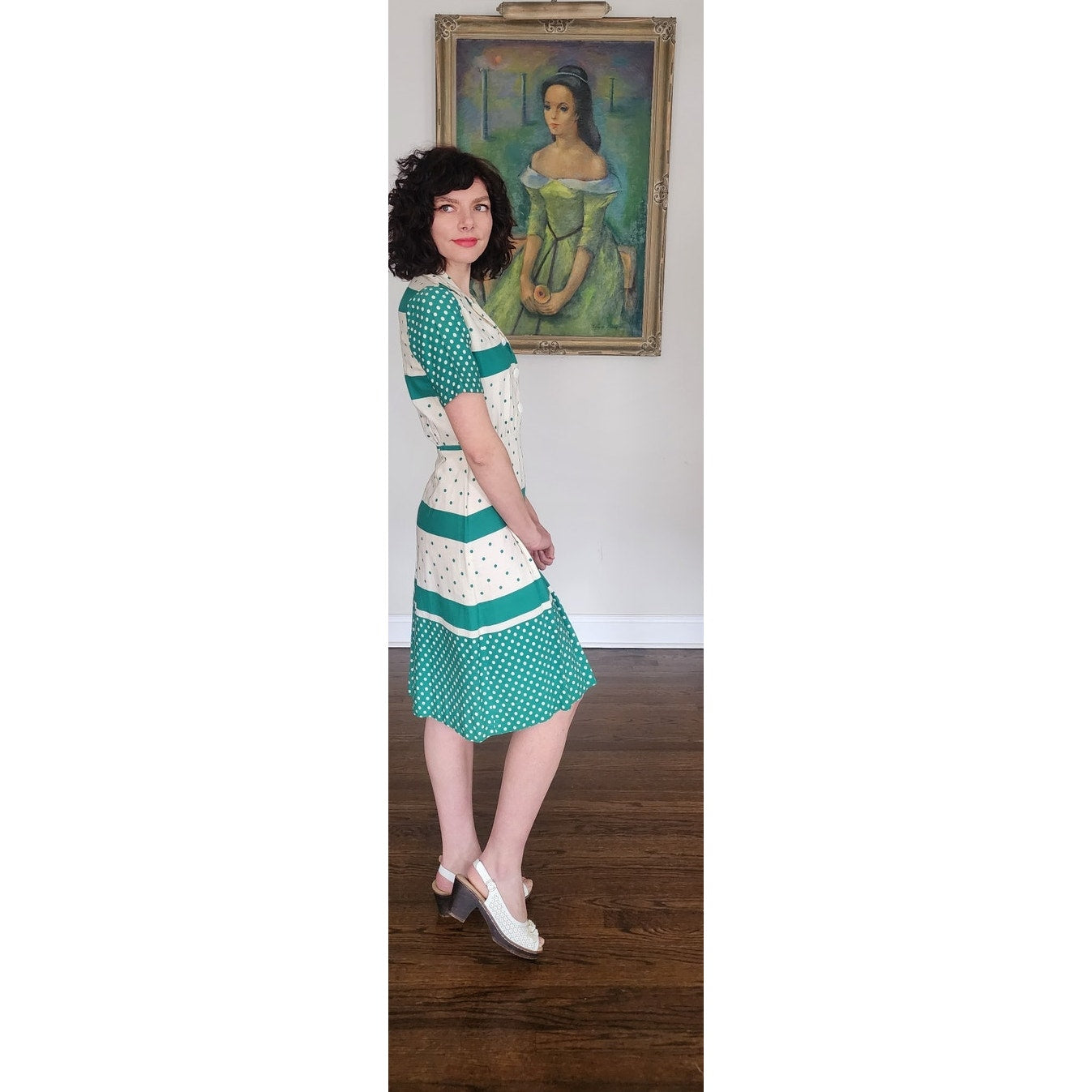 Vintage 50s Hope Reed Green Polka Dot Cotton Dress Nelly Don Short Sleeve