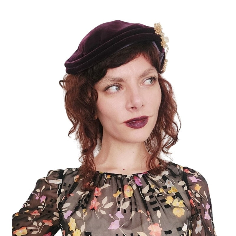 Vintage 50s Hat Burgundy Red Velvet w/Beaded Floral Trim by Anne Savel