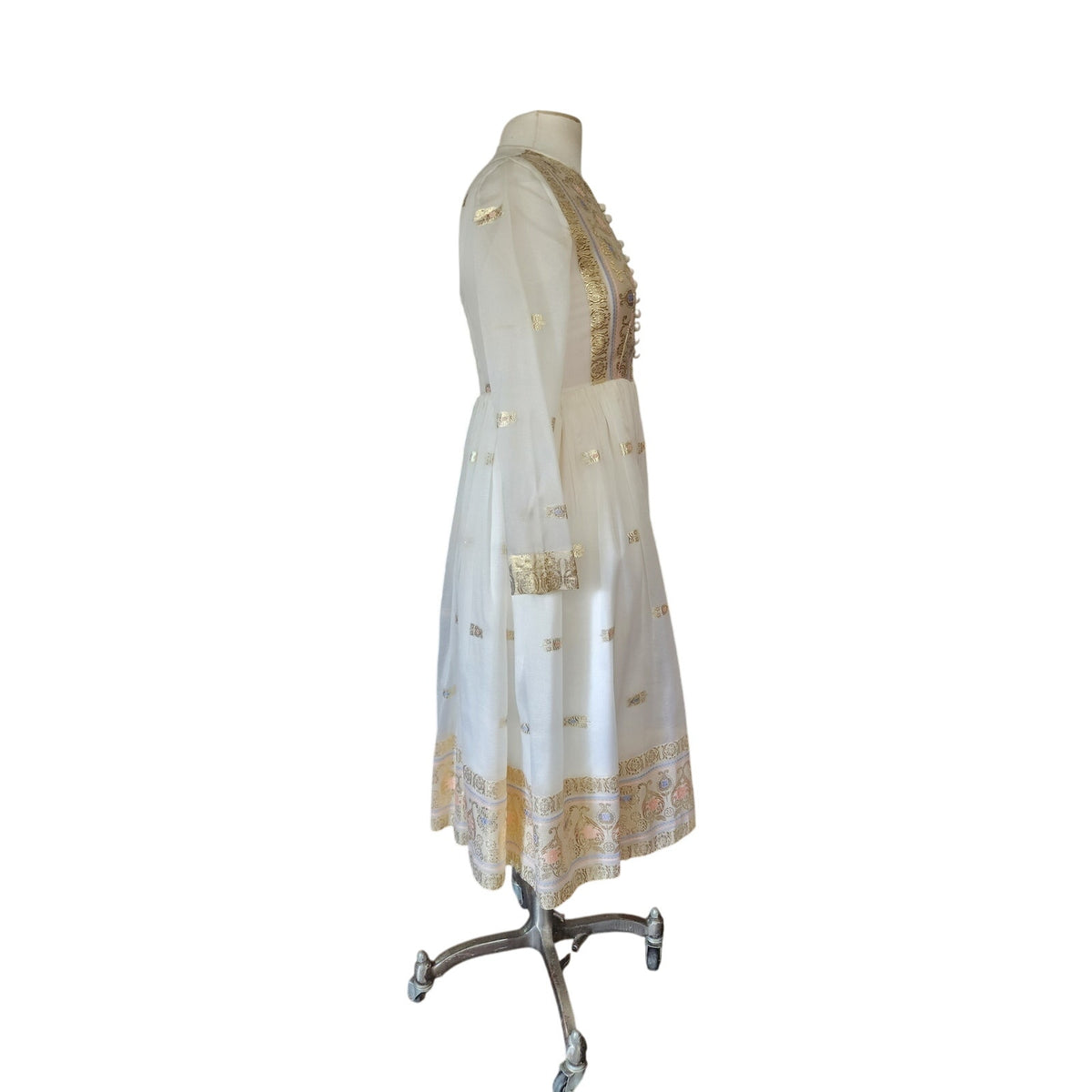 Vintage 1970s Boho Dress White Gold Brocade Embroidery Indian Style Chuck Howard