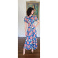 Vintage 30s Blue Floral House Dress Maxi Lounger Puff Sleeve Zip Front XS