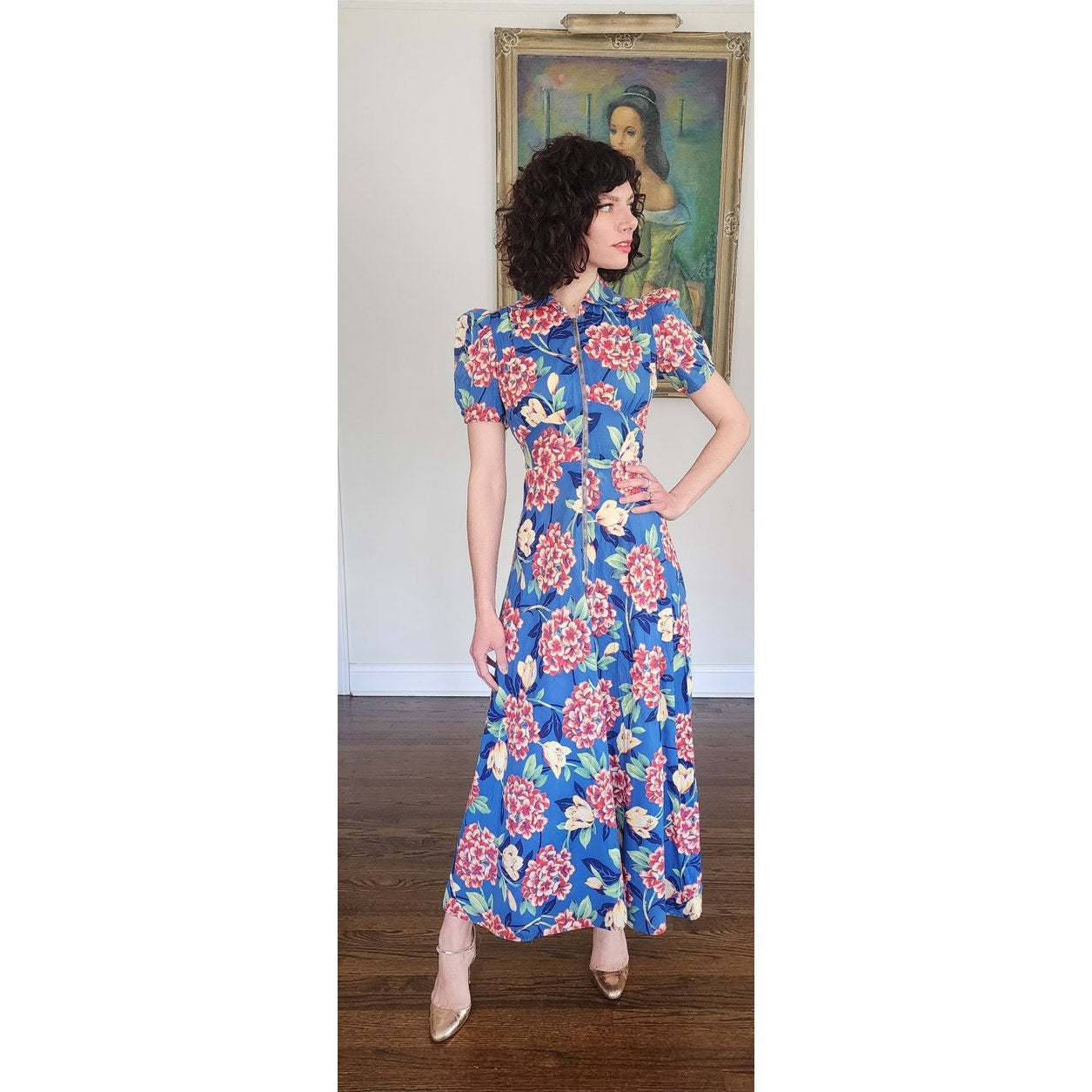 Vintage 30s Blue Floral House Dress Maxi Lounger Puff Sleeve Zip Front XS