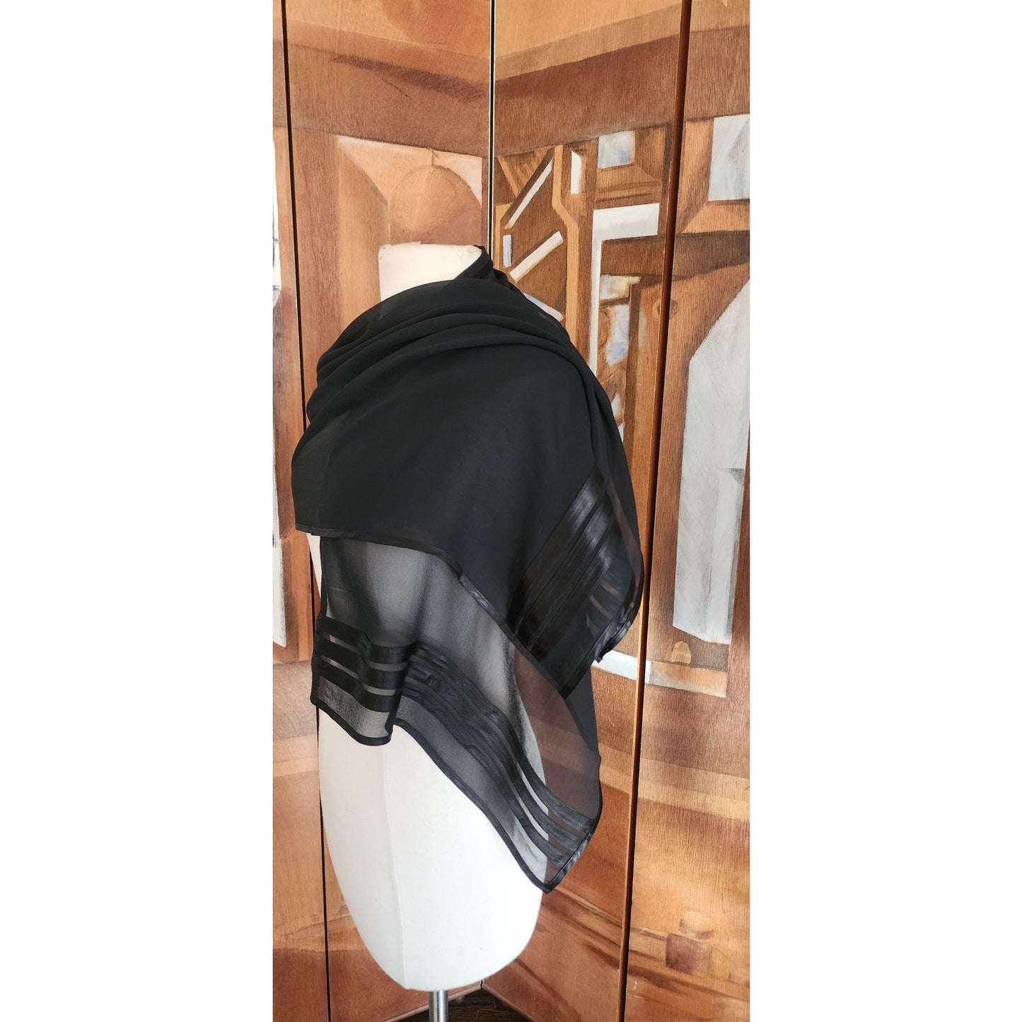 Vintage 90s Armani Collezioni Black Silk Scarf Satin Stripe