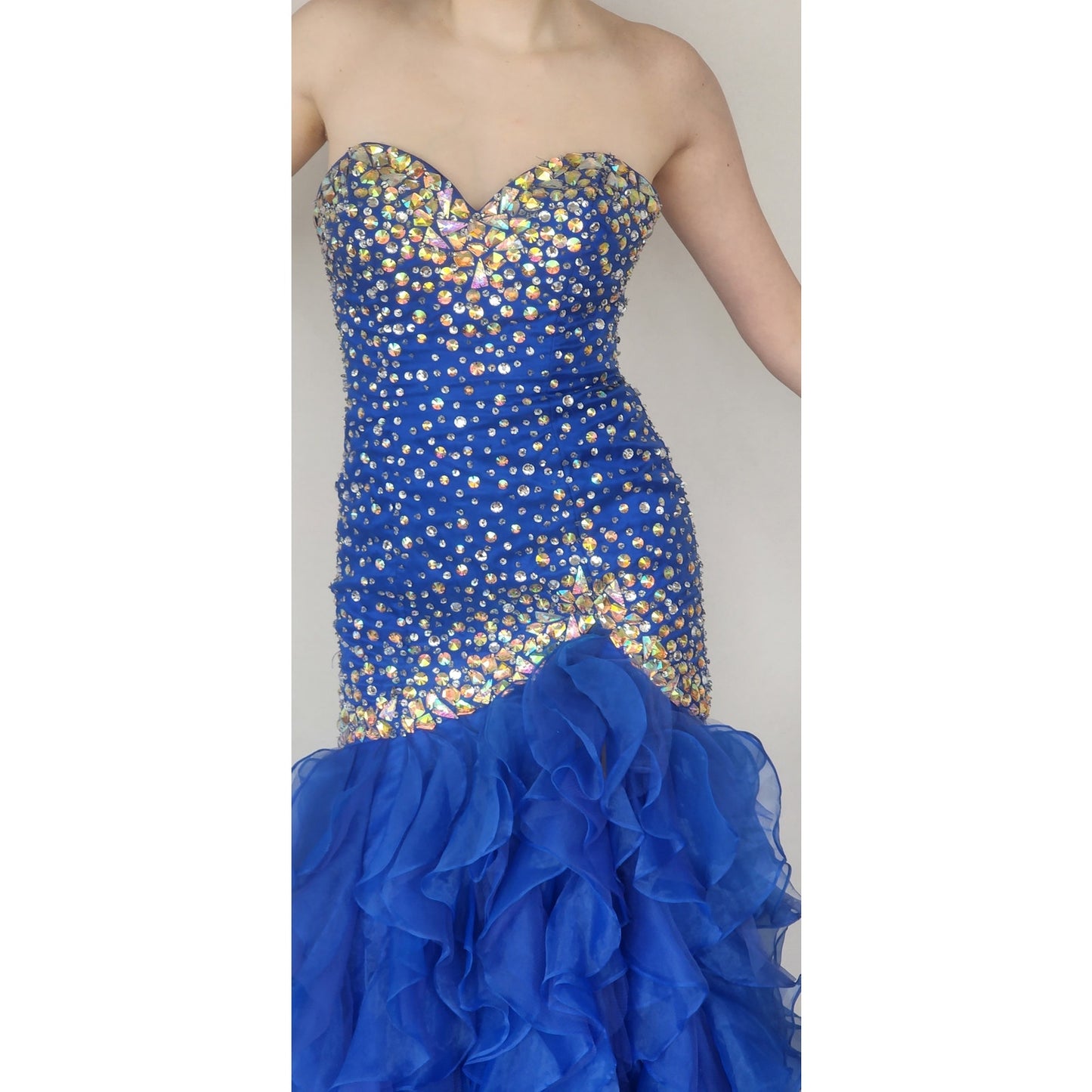 Morilee Strapless Blue Evening Dress Mermaid Ruffled Skirt Beaded Torso