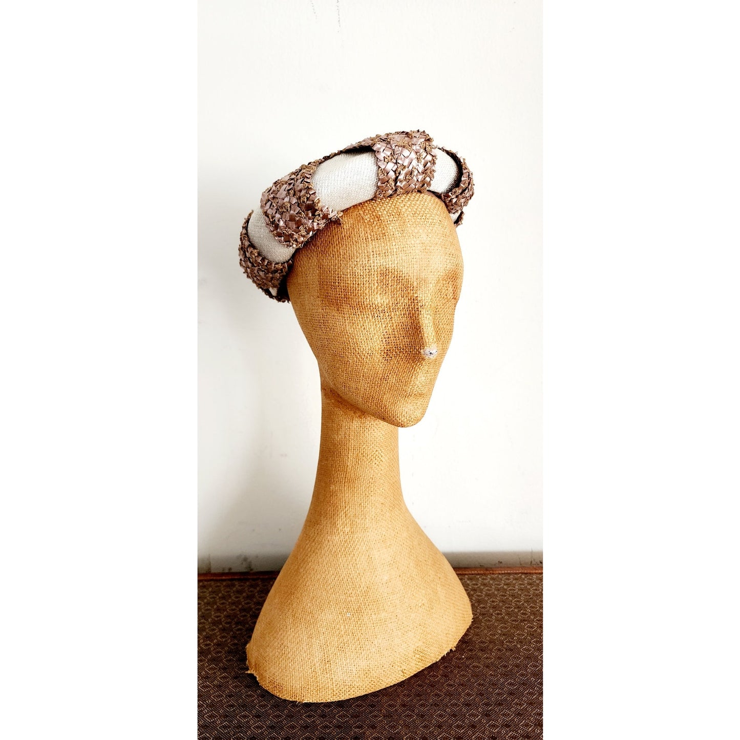 Vintage 50s Beret Hat Brown Straw Cream Silk