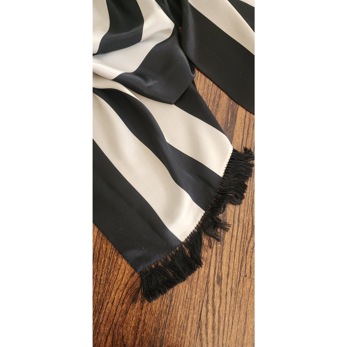Vintage 40s Liquid Silk Scarf Black White Striped Fringed Peck & Peck Unisex Art Deco Geometric