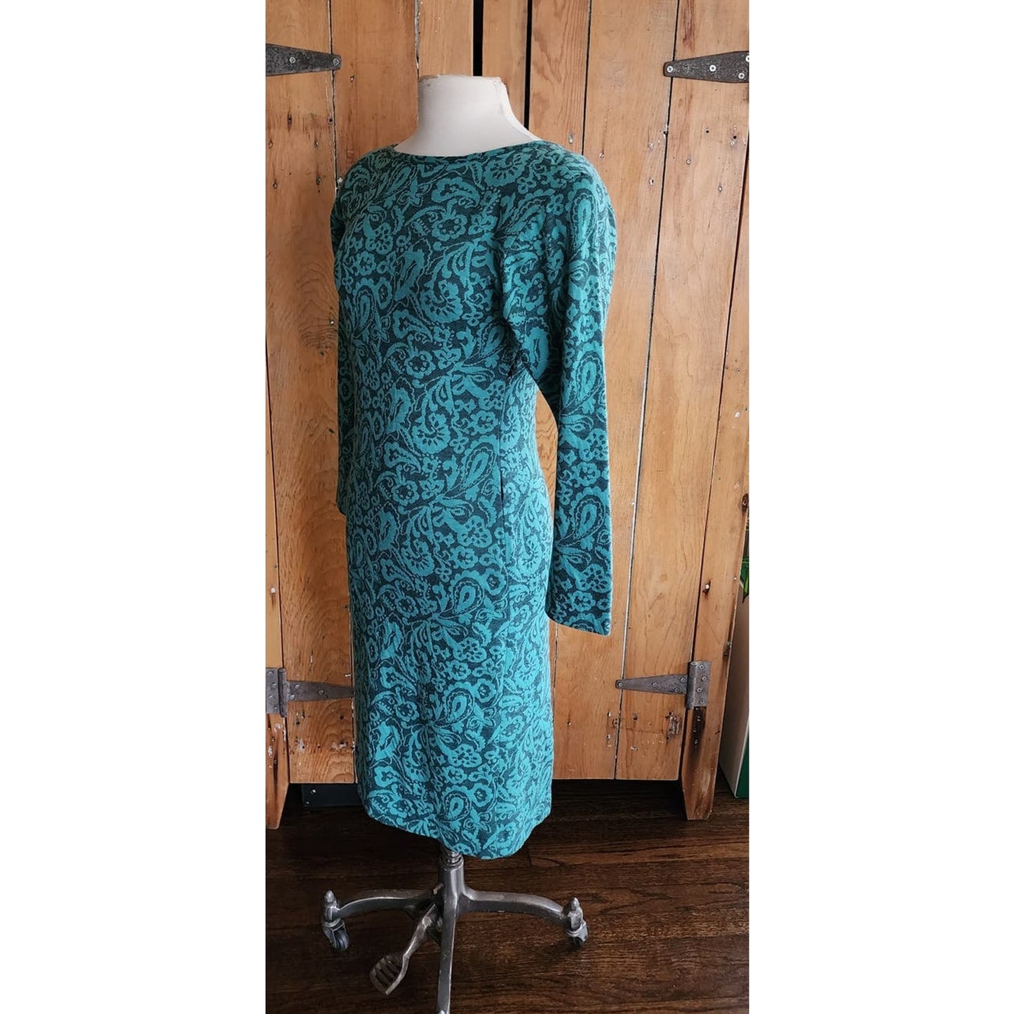 Vintage 80s Teal Blue Dress Black Floral Print, Keyhole Back Regina Kravitz