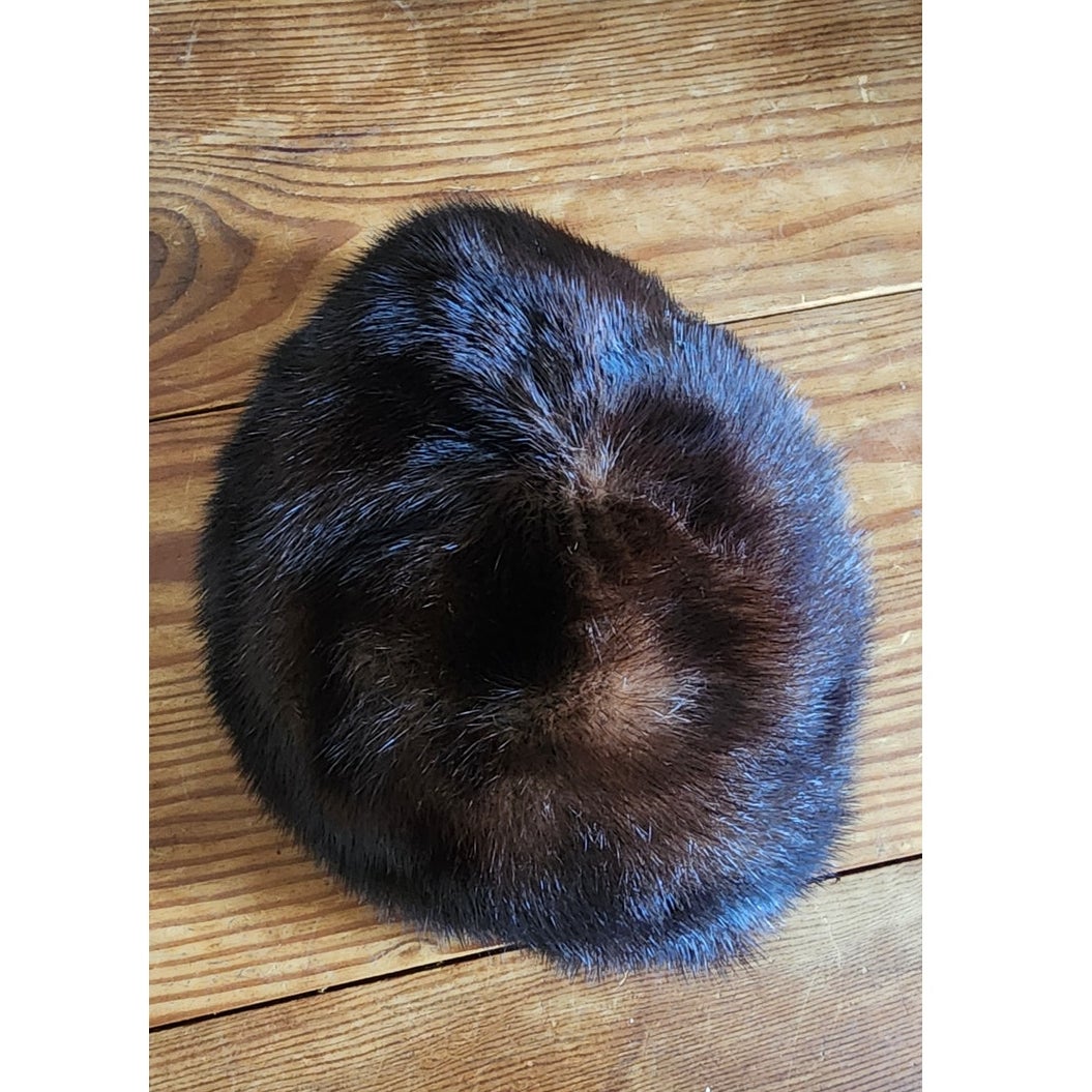 Vintage 1950s Mink Fur Hat Brown Tam Saks Fifth Avenue Rounded Crown Millinery Salon