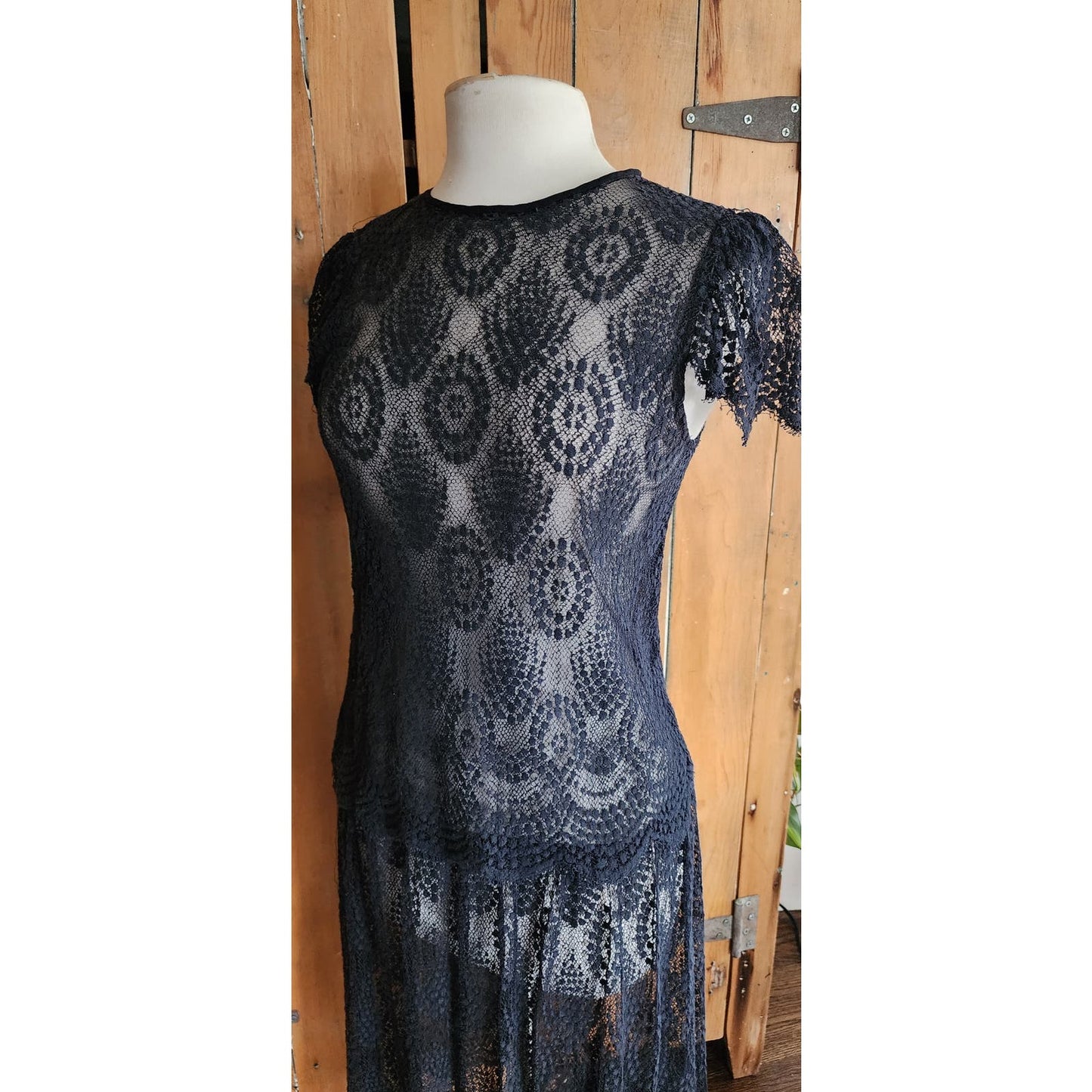 Vintage Black Lace Sheer Dress Drop Waist Short Sleeves