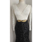 Vintage Evening Gown White Black Sequins Gold Leaf Belt w/Rhinestones