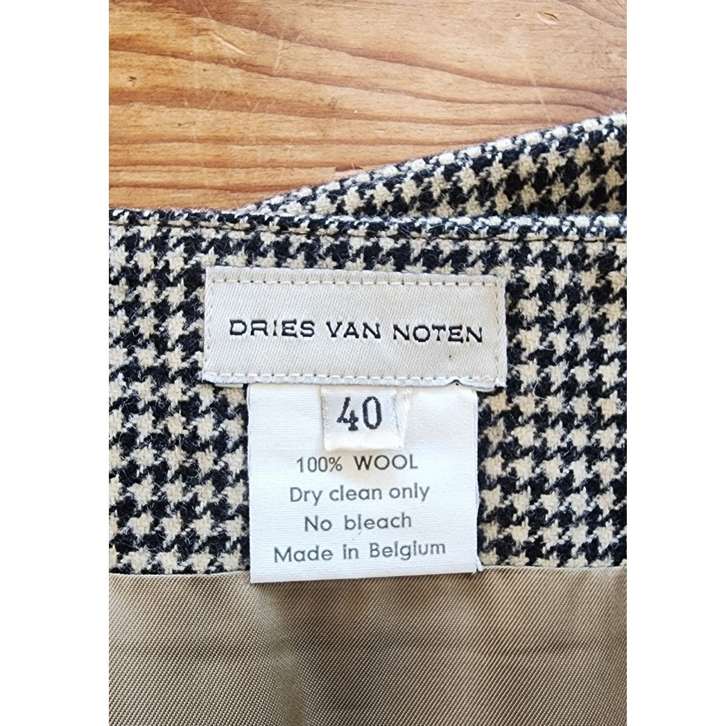 Vintage Dries Van Noten Wool Skirt Houndstooth Pattern w/ Belt Sash / Medium
