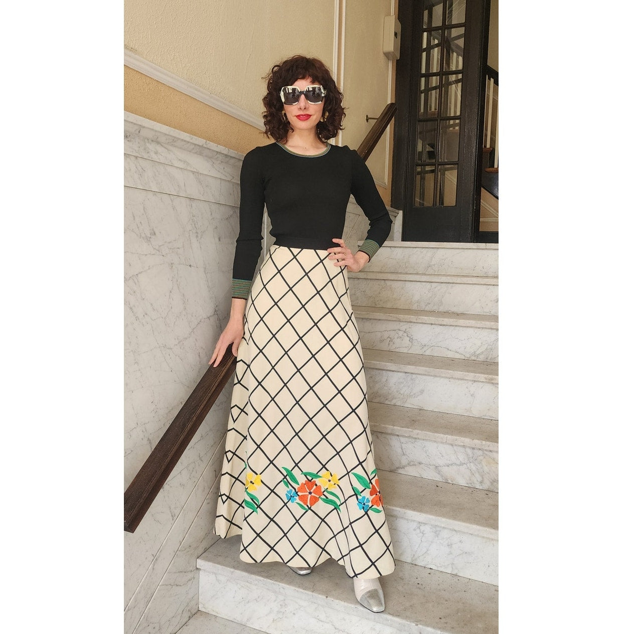 Vintage 70s Boho Maxi Dress Black Knit Top Cream Windowpane Skirt Floral Crissa Italy