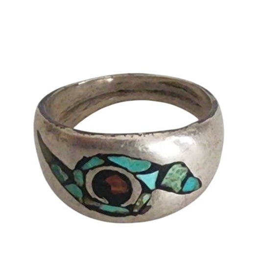 Vintage Native American Ring Sterling Silver Navajo Whirlwind Turquoise Coral Chip Inlay
