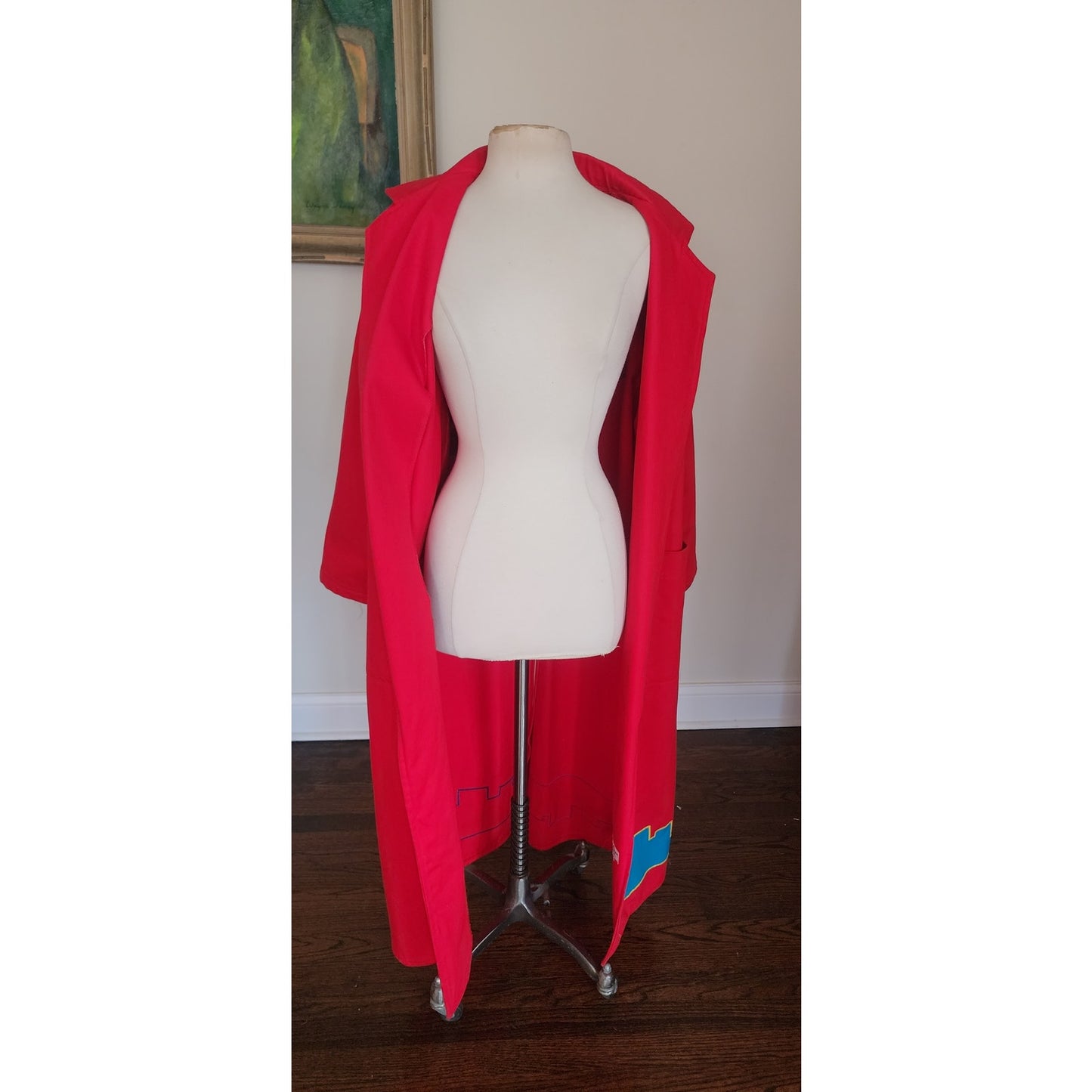 Vintage 80s Southwestern Coat Red Cotton Canvas Handpainted Indian Headdress Native American