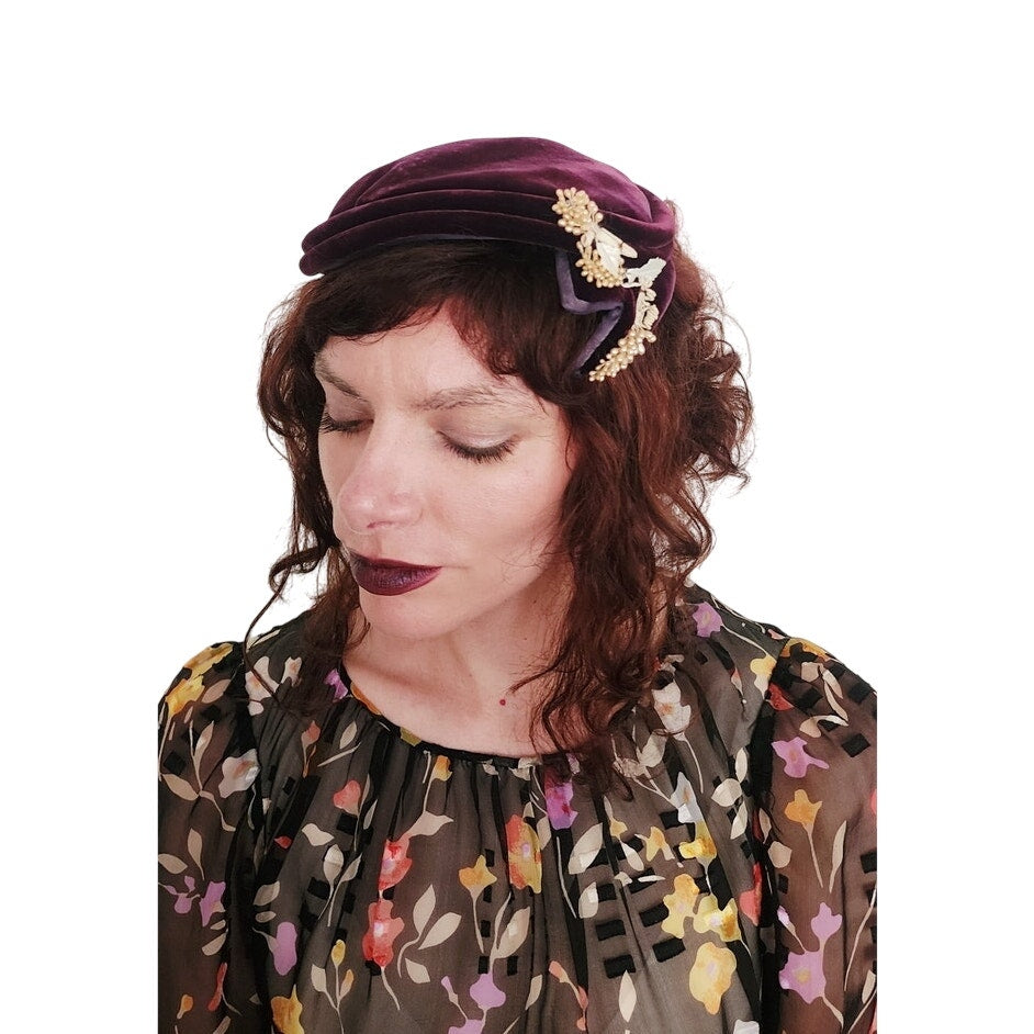 Vintage 50s Hat Burgundy Red Velvet w/Beaded Floral Trim by Anne Savel