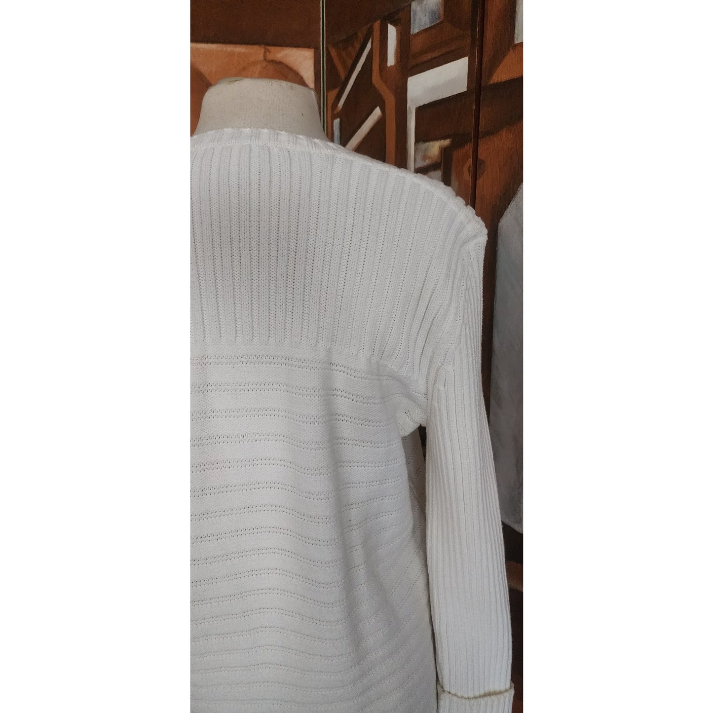 Vintage 1990s Sonia Rykiel Sweater White Knit V Neck Tunic Jumper Textured Stripe Oversized