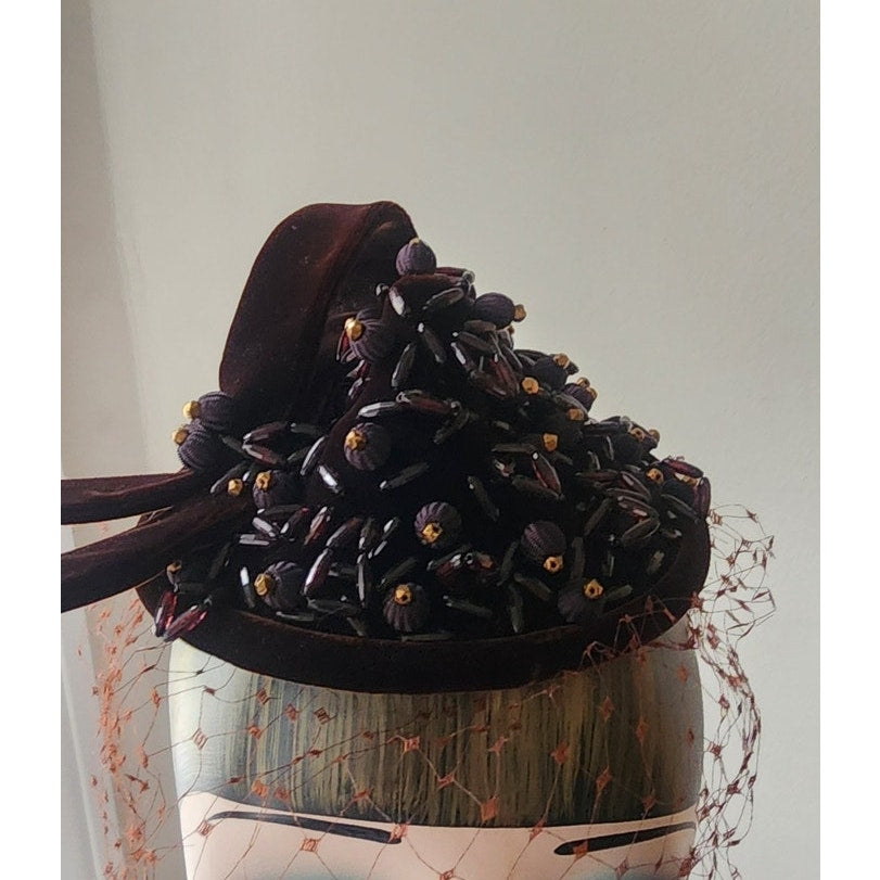 Vintage 1950s Hat Chanda Brown Beaded Velvet Asymmetrical Fascinator Bonwit Teller