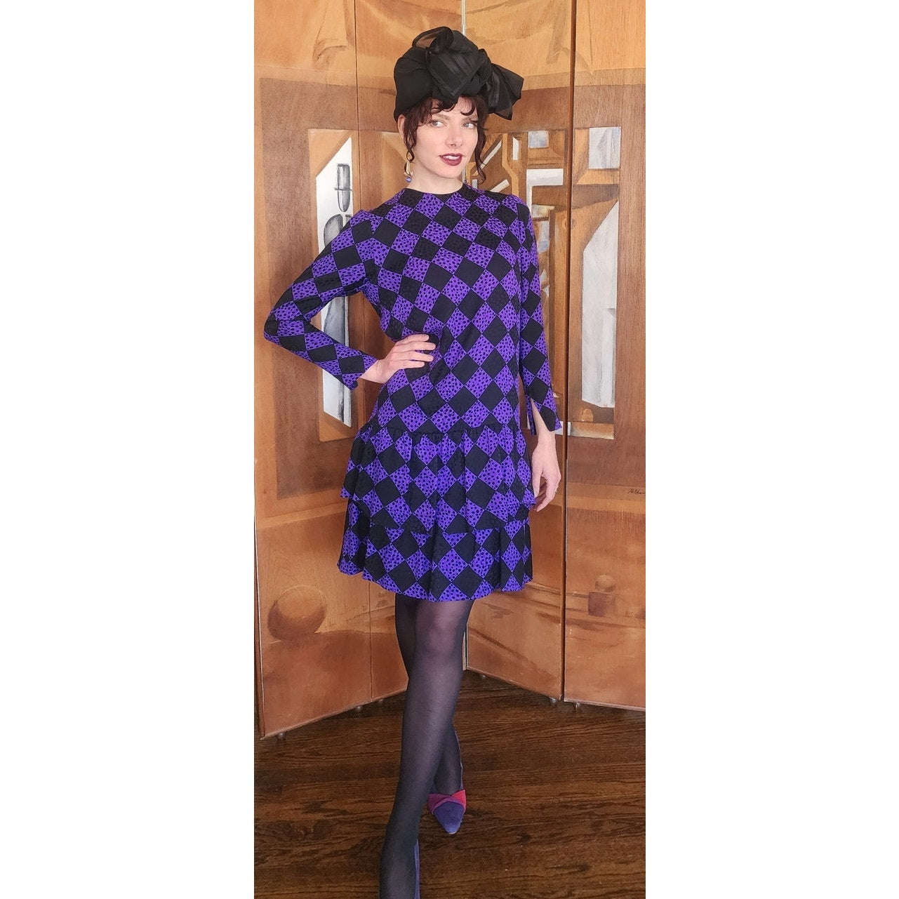Vintage 80s GIVENCHY Silkprint Dress Purple Black Harlequin Diamonds Long Sleeved