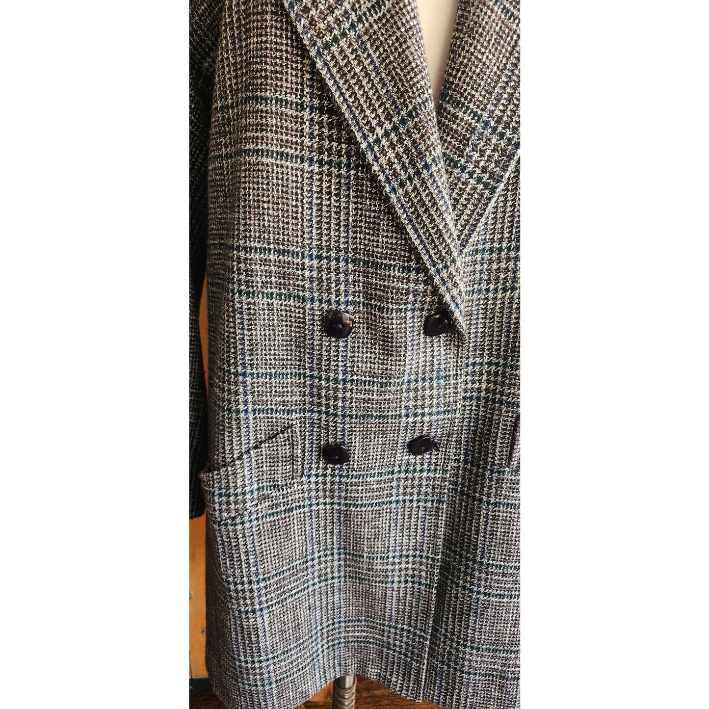 Vintage 80s Long Blazer Lilli Ann Houndstooth Wool Jacket Gray Black