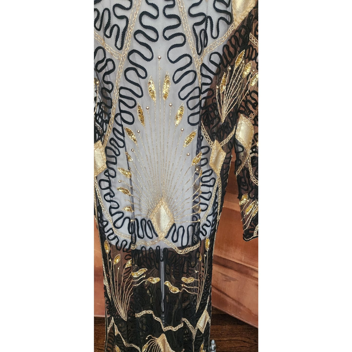 Vintage 80s Tan Chho Duster Sheer Coat Beaded Sequined Embroidered Evening Jacket Black Gold