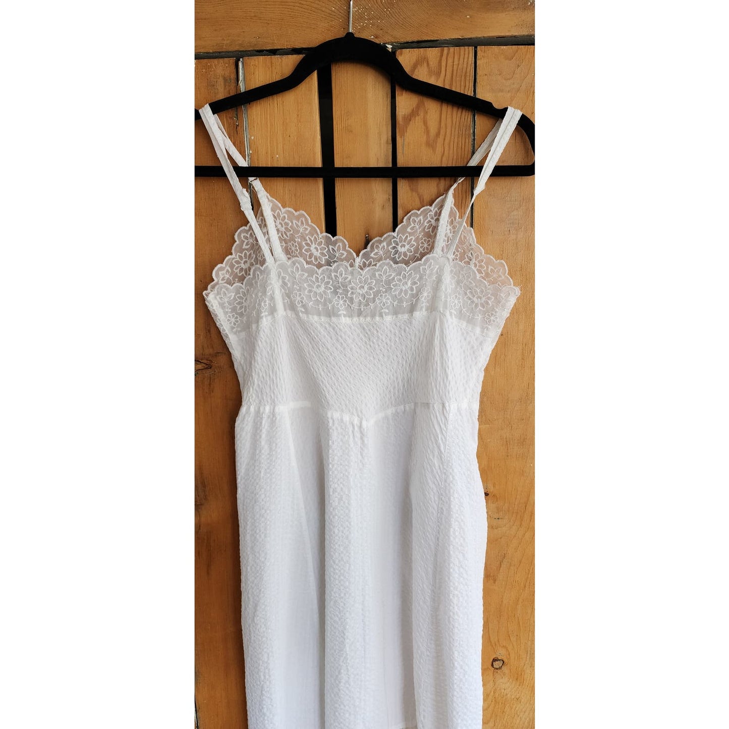 Vintage 50s White Slip Spaghetti Strap Seersucker Cotton + Lace