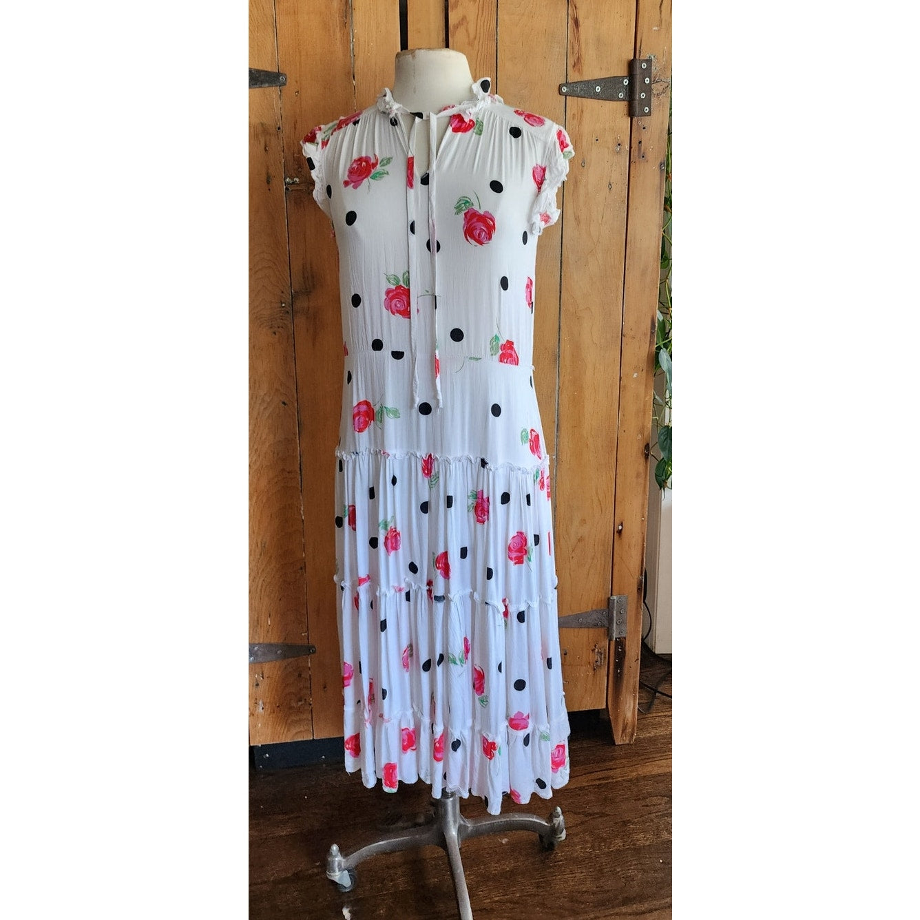 Vintage 80s Cotton Print Dress Polka Dots Red Roses