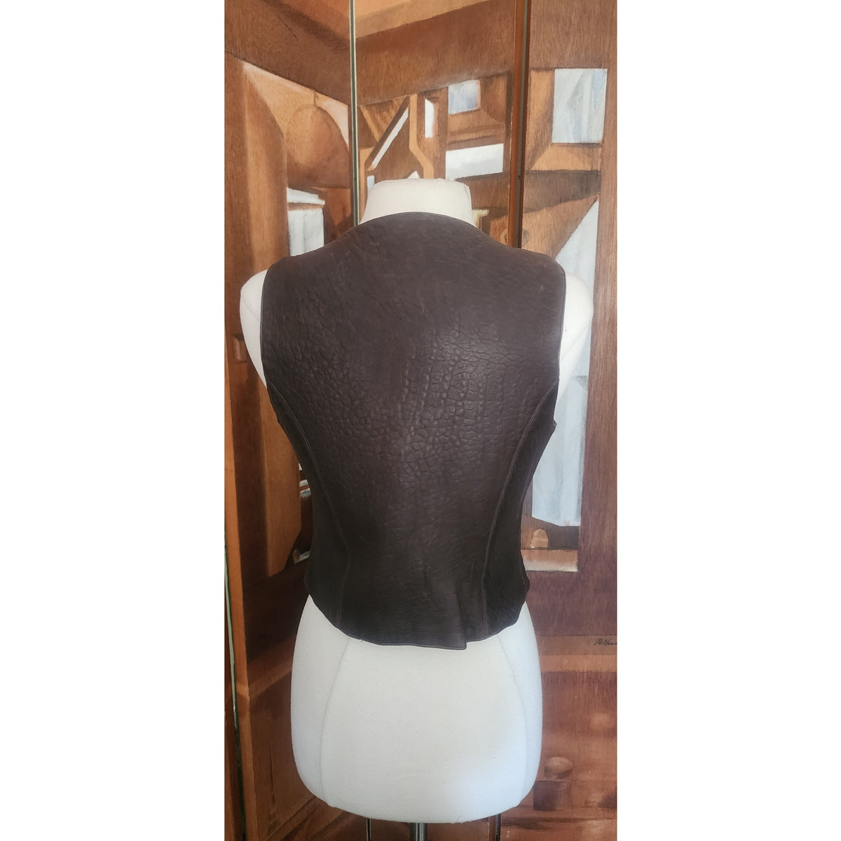 Vintage 1990s Brown Leather Vest Zip Front Karen Kane Vest Fitted Leather Minimalist