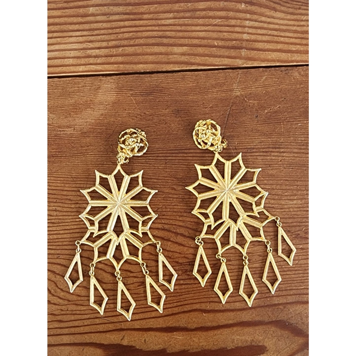 Vintage 80s Oversized Earrings Gold Snowflake Starbursts