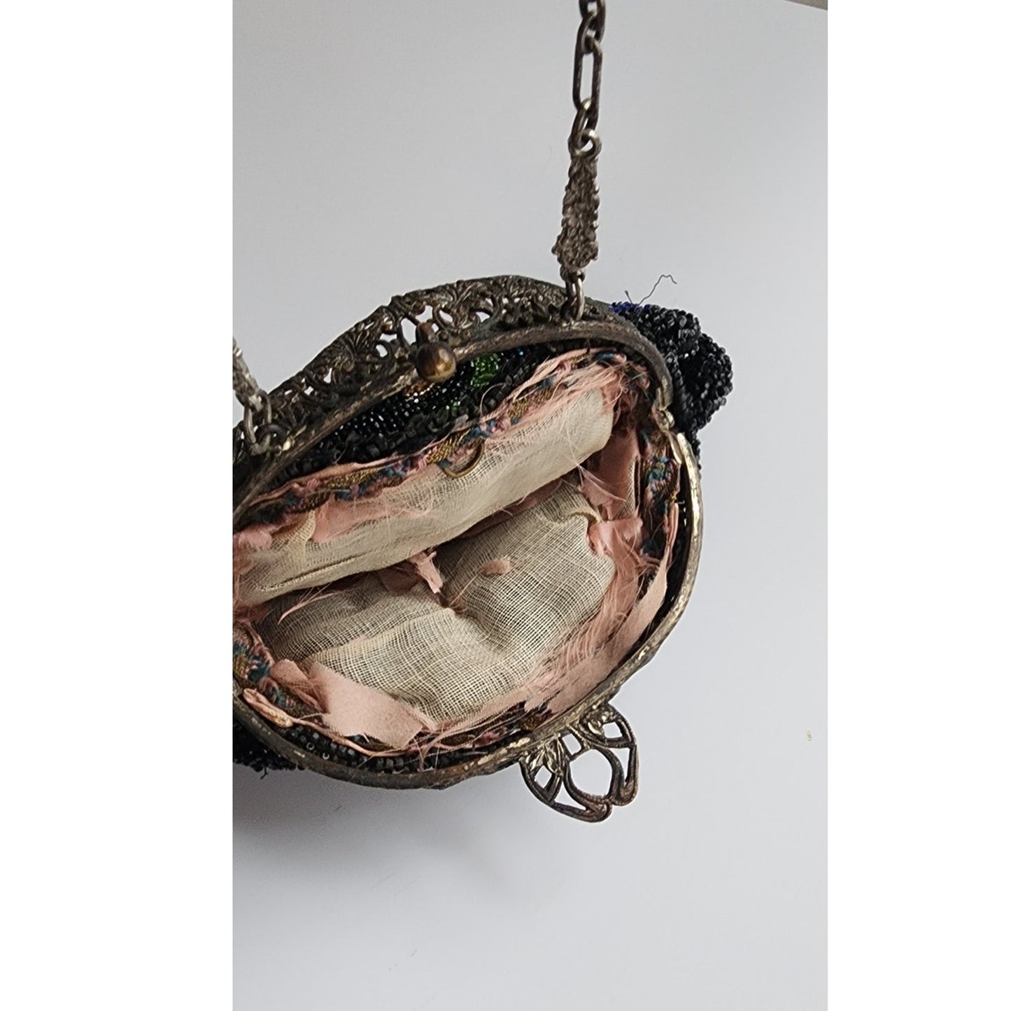 Antique Black Beaded Bag Colorful Flowers Ornate Metal Clasp AS IS