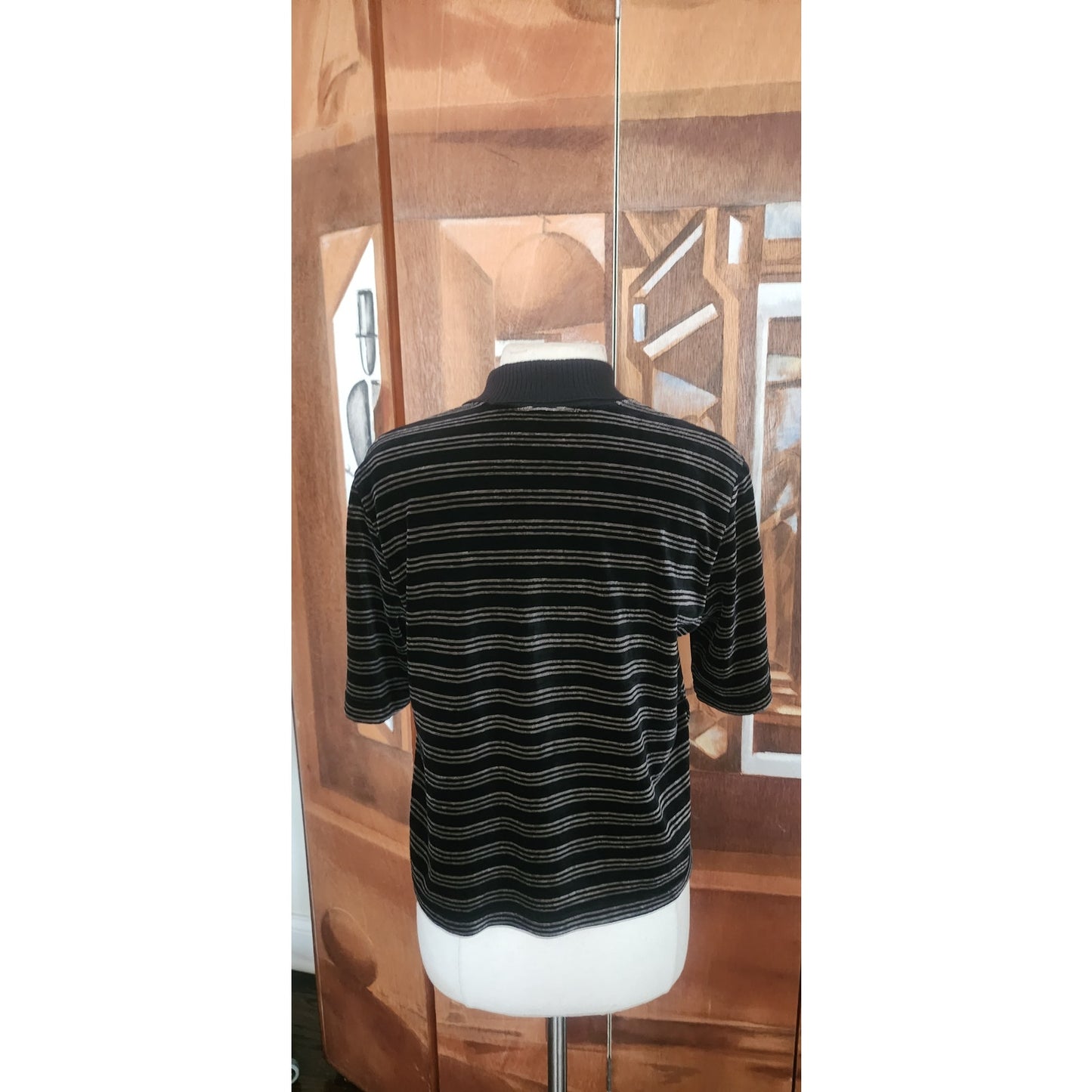 Vintage 1990s Sonia Rykie Velourl Top Black Gray Striped Short Sleeve Knit Polo Shirt