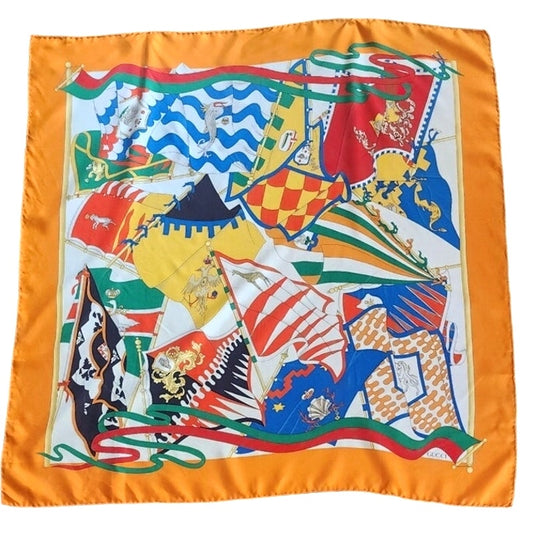 Vintage Gucci Silk Scarf "Circus"/ Multicolored Flags Banners Print