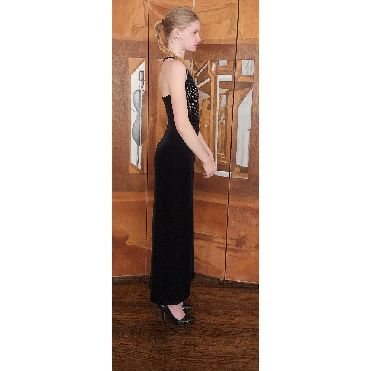 VTG 90s Y2K Aspeed Dress Black Velvet Rhinestone Studs Halter Maxi Gown Prom M