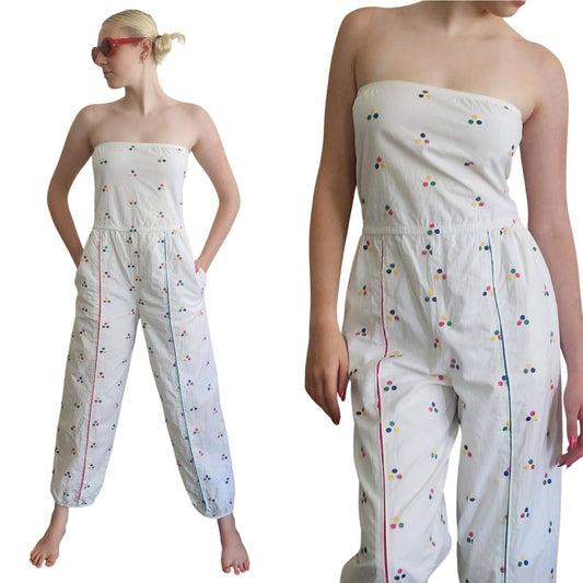 Vintage 1980s Jumpsuit White Cotton Polkadot Print  Patti Cappalli / S to M