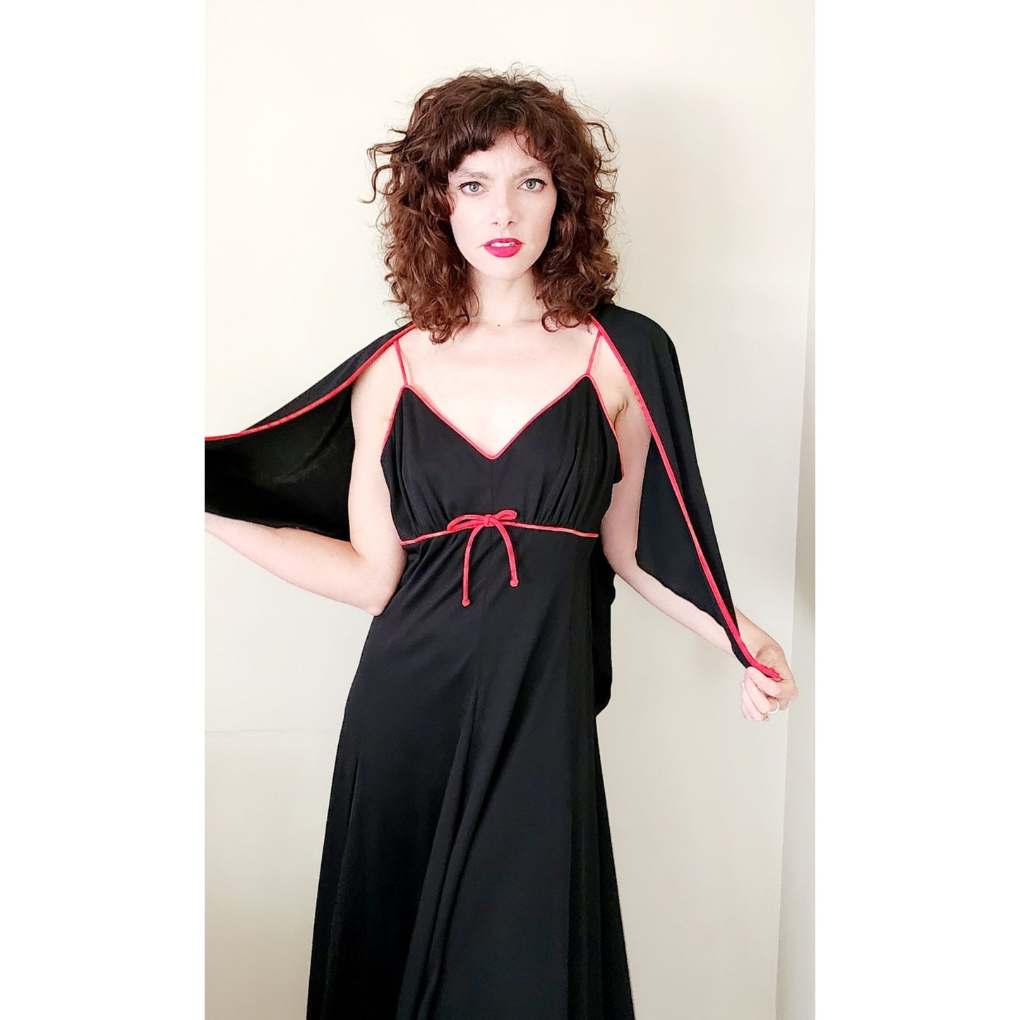 Vintage 70s Maxi Dress Black Orange + Matching Scarf