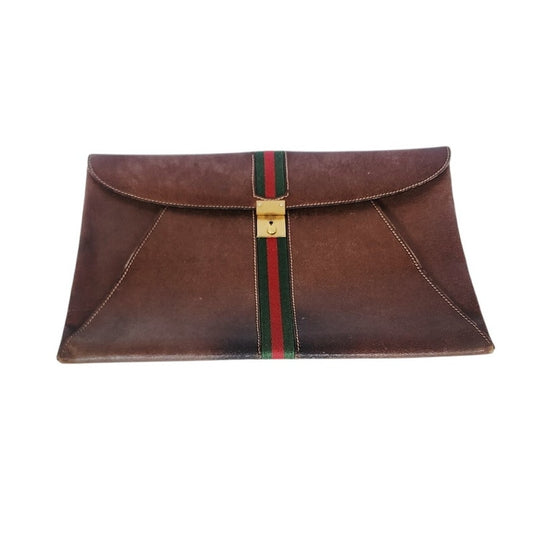Vintage 1970s Gucci Portfolio Bag Envelope Case Clutch Brown Leather