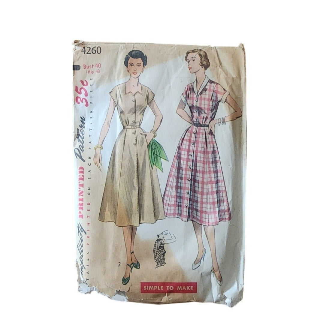 Vintage 50s Sewing Pattern Orignal UNCUT Dress Shirtwaist Button Down Short Sleeve Simplicity 4260