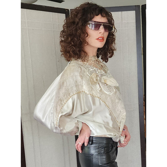 Vintage 80s Maick Harold Blouse Tunic Velvet Lace Sequins Applique Embroidery