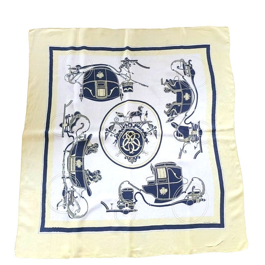 Vintage HERMES Scarf Square Silk Ex-Libris Yellow Hugo Grygkar Horse Carriages