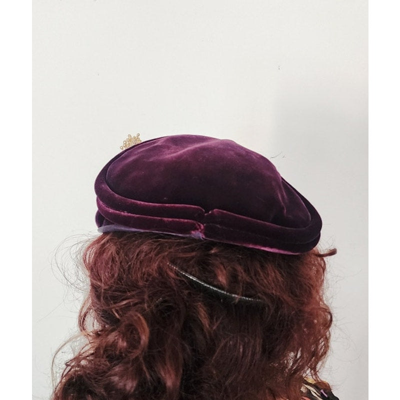 Vintage 50s Hat Burgundy Red Velvet w/Beaded Floral Trim by Anne Savel