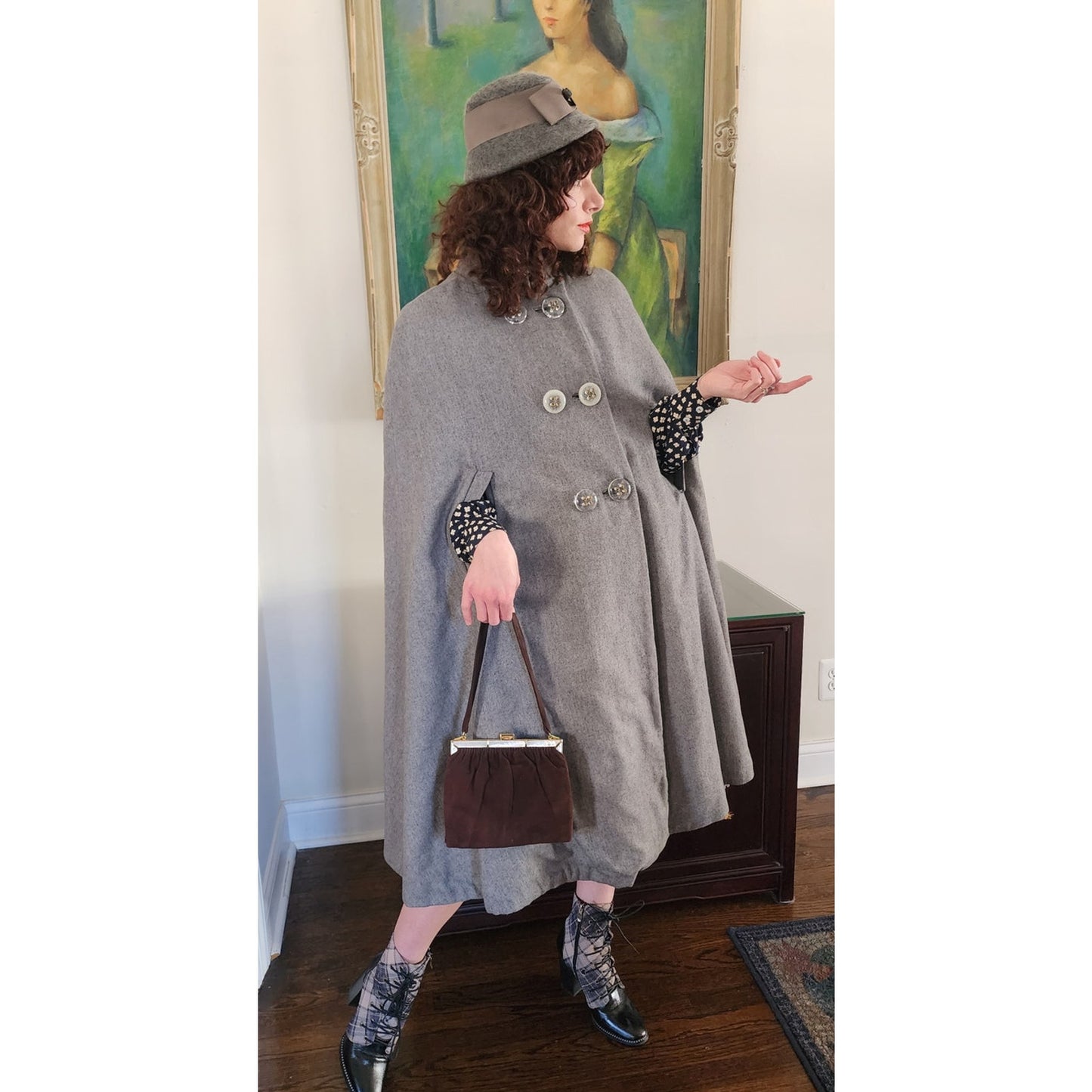 Vintage 60s Cape Coat Gray Wool Cloak w/Fuzzy Liner Mod Style / Med